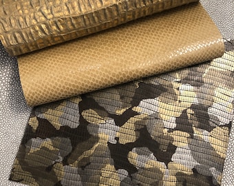 LEATHER Sheets set of 3,  8"x8"Gold Metallic Crocodile Beige Leather, Shiny Lizard Tan Suede Hide, Camouflage Leather Brown, Leather Skins