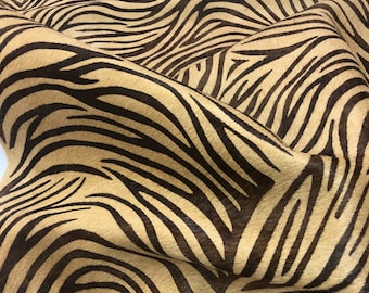 Zebra Print Leather 12"x 24" HAIR On LEATHER Brown Zebra On Tan Hair on Print Calfskin Cowhide  3-3.5oz, 1-1.2mm