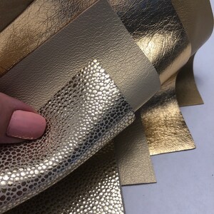 LEATHER METALLIC GENUINE Golden metallic, pearlized champagne, pale gold metallic, bright shiny gold tiny spots 1.4mm, soft supple leather