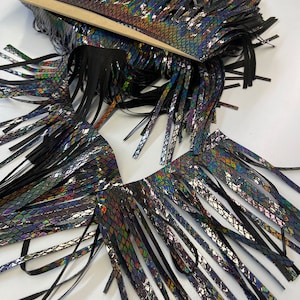LEATHER FRINGE 6” fringe with 1/2”header, iridescent shiny metallic real genuine leather fringe