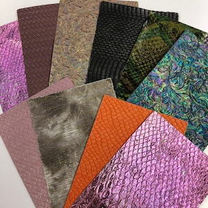 Leather MYSTERY/Sample/ Starter Pack/ Choose Your Size Pack/Assorted Colors patterns and thickness/ Unique/No Two are alike Size 4”x5.5”