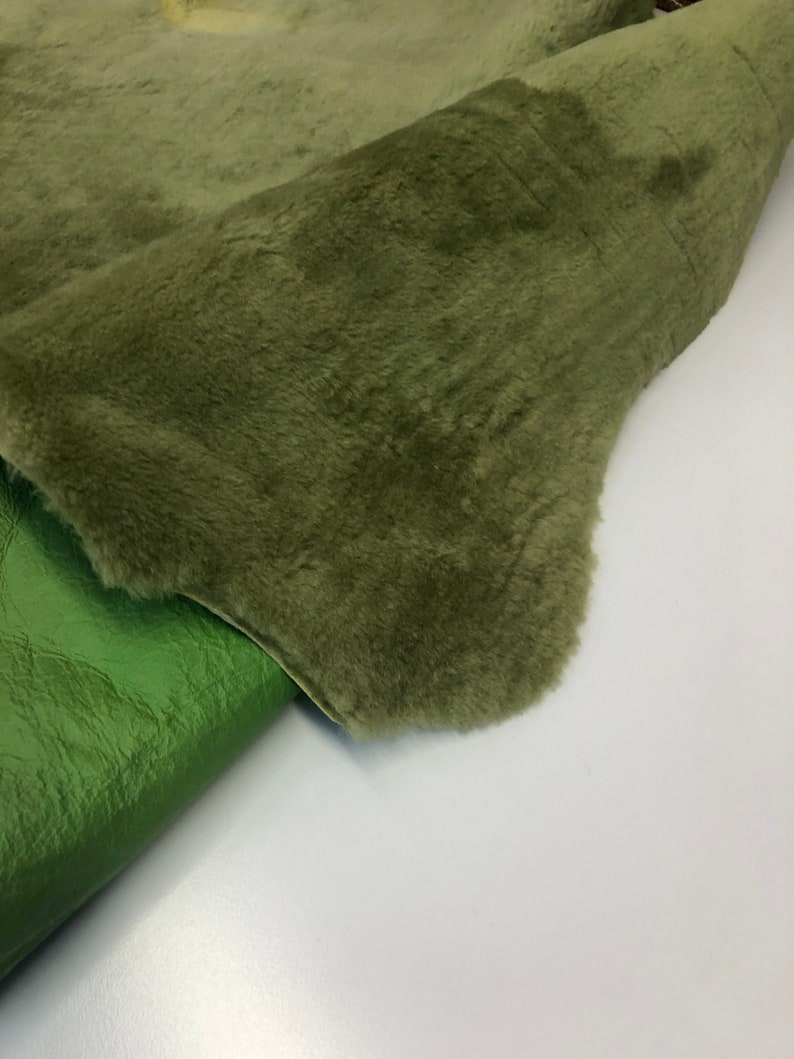 Green Natural Sheepskin Authentic Leather, Jade Green Shearling Hair Color, Neon Green Nappa Leather back, Hair on Sheepskin, Wool image 7