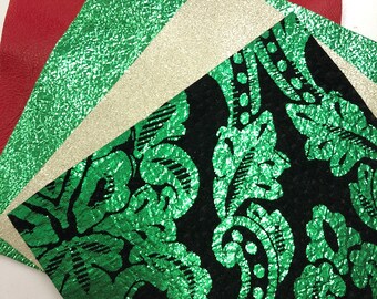 CHRISTMAS LEATHER Set of 4/Leather Scrap/Bright Metallic Green Suede/Shimmering Champagne Hide /Red Lambskin Leather/Metallic Leather/0.6mm