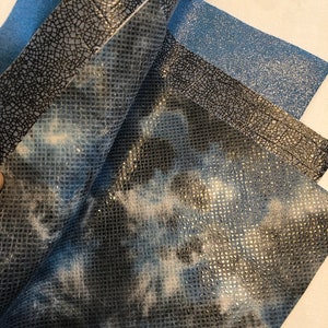 LEATHER Set of 3, 8&quot;x8&quot;, Blue Black White Tie Dye Calfskin, Shimmering Turquoise Suede, Croco Crackled Leather, Thickness 1.1-1.3mm