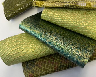Green Leather scraps for crafting jewelry, scraps, texture leather fro small leather goods, size average 6”x6”, 6 pieces by LeatherSkinsShop