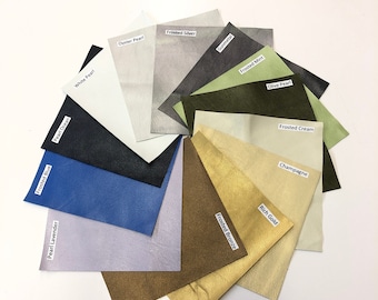 May include: A variety of fabric swatches in different colors and textures, including white pearl, oyster pearl, frosted silver, frosted blue, pearl ocean, pearl lavender, gunmetal, frosted bronze, frosted mint, rich gold, olive pearl, frosted cream, and champagne.
