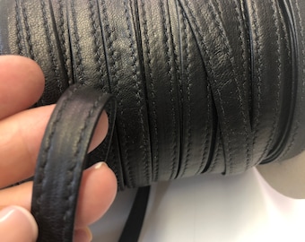 1/2” LEATHER STRAP/Stitched Black Nappa Lambskin Leather Sold by Yard, for Leather strap handles,leather bondage,leather belts,chockers