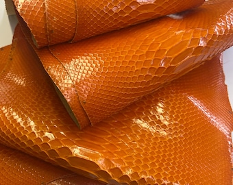 Orange Python Snakeskin Leather Skins- Leather Exotic for Handbags- leather Skins for bracelets- leather hides- Leather for accessories