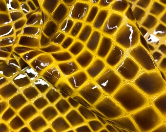 PATENT YELLOW Mustard PAtent Croco embossed LEATHER Lambskin leather hide, two tone leather,thickness 0.8mm, soft supple top quality leather