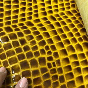 LEATHER 7&quot;x7&quot; YELLOW MUSTARD Patent Croco/embossed Lambskin leather hide/two tone leather/thickness 0.8mm/soft touch leather