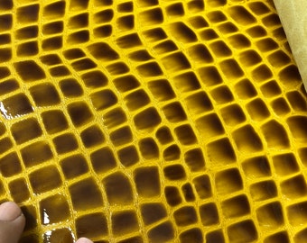 LEATHER 10"x10" YELLOW MUSTARD  Patent Croco embossed Leather Lambskin leather hide, two tone leather, thickness 0.8mm
