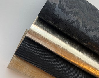 LEATHER 8”x8, set of 4 pieces, LEATHER SKINS,Black Gold Stripes Lines Textured Metallic, Natural  Leather Calfskin Pigskin, 0.6-0.9mm