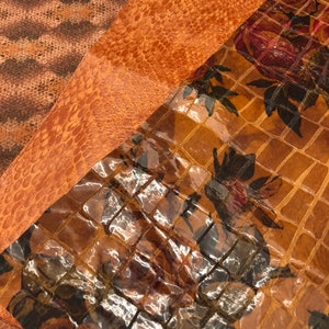 CINNAMON PRINTED LEATHER Snakeskin Python tone on tone, Flower Print in Dark Green, Dark Red with Crocodile Print on top, Textured Suede