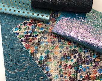 LEATHER 4”x7”, set of 5, Aqua Perforated Leather/Mini flower print hide/Turquoise Metallic/ LEATHER Starter Craft Pack by Leather Skins Shop