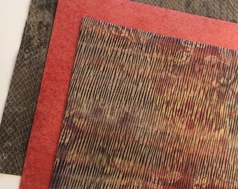 LEATHER 8”x8, LEATHER SKINS,Dark Red Tan Floral Calfskin Leather/Shimmering Gold Orange thin Suede/ Taupe Lizard pigskin/Thickness 0.4-1.2mm