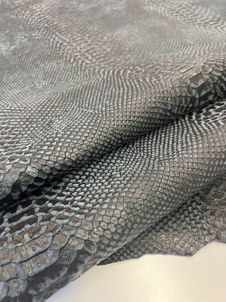 Puede incluir: Primer plano de una piel de serpiente de color gris oscuro con un patr&oacute;n texturizado y escamoso.