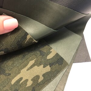 LEATHER 8&quot;x8&quot;/Set of 4 Leather Sheets/CAMOUFLAGE Olive Calfskin Suede/Black, Olive, Dark Olive Genuine Top Quality Lambskin Leather/0.8mm