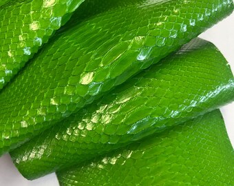 Bright Green Python Snakeskin Leather Skins-Leather Exotic for Handbags- leather Skins for bracelets- leather hides- Leather for accessories