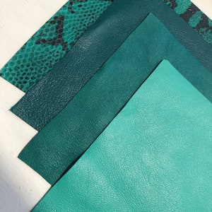 May include: Four pieces of leather in different shades of green, from a deep teal to a light mint. The top piece has a snakeskin pattern.