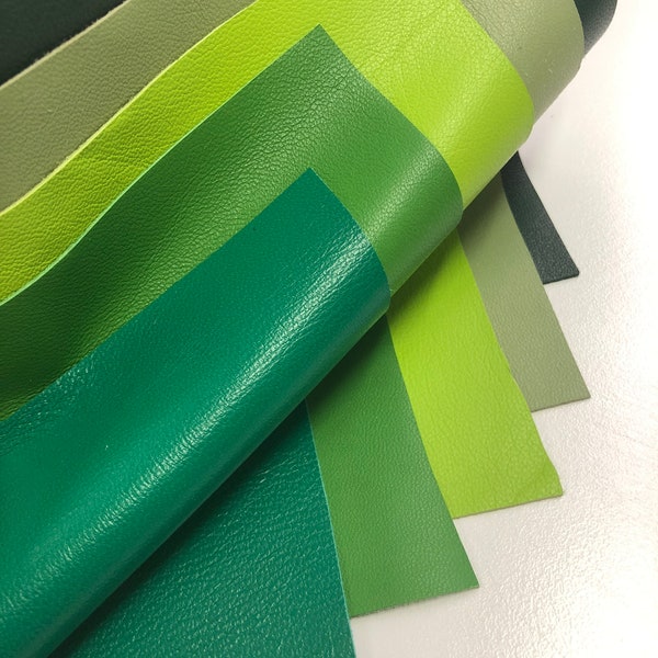 GREEN GENUINE LEATHER Shades of Green , Forest Green, Jade Green, Acid Green, Sour Apple Green, Emerald Green, Superb 0.6mm Hide 6”x6”