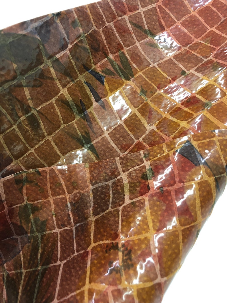 LEATHER SHEET Rust Cogniac Color Large Printed Crocodile with Floral Large Undertone Print in Dark Green Navy Dark Red Thickness 0.7mm