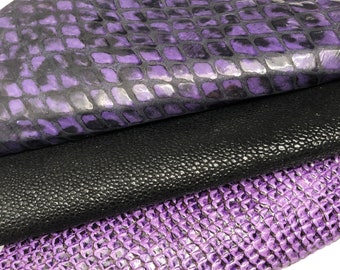 LEATHER PURPLE Set of 3 SHEETS, 8"x8", Purple Large Anaconda Snake,Black Stingray Leather,Bright Wet Look Small Snakeskin, Thickness 0.5-1mm