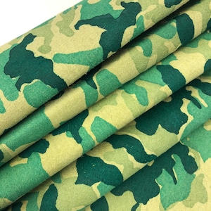 LEATHER CAMOUFLAGE Genuine Suede/GREEN tones Teal, Forest Green and Mint on Light Green Suede, Lightweight 0.7mm, Choose Your Size image 4