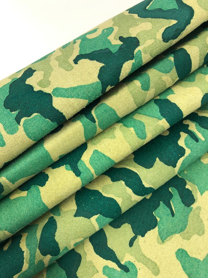 LEATHER CAMOUFLAGE Genuine Suede/GREEN tones Teal, Forest Green and Mint on Light Green Suede, Lightweight 0.7mm, Choose Your Size image 4