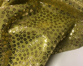 LEATHER SUEDE 5"x5" CHARTREUSE Light Green Suede Gold Metallic Mini Flower on Suede/Thickness 0.5-0.6mm/Leather Skins Shop
