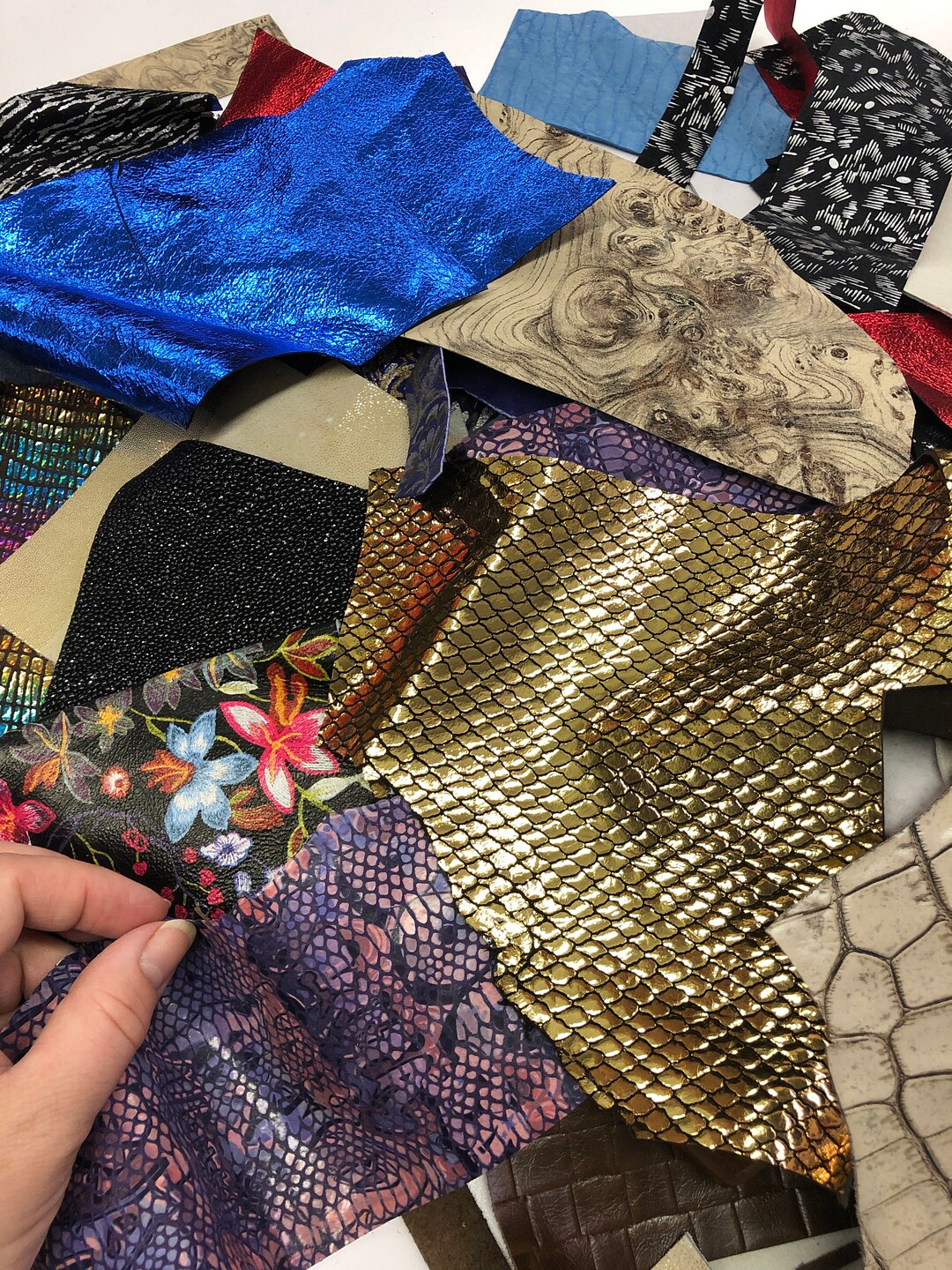 Printed and Embossed Leather Scraps, Metallic & Suede, Sold by the ...
