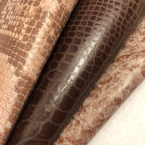 LEATHER Brown SET of 3, 8&quot;x8&quot; ,Cappuchino Color Python Snake,Brown Large Anaconda, Light Brown Beige Crinkled Hide/Thickness 0.5-0.9mm