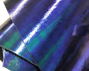 LEATHER 8"X10" GENUINE SHINE Gloss Blue Green Purple Metallic Cowhide Leather Hide/Leather Sheets/Leather Scrap Metallic/Thickness 1.4mm