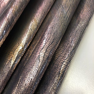 LEATHER 12&quot;x24&quot; Metallic Lizard Suede/Soft Silver Rose Gold Small Lizard Printed Leather hide/Thickness 0.6mm