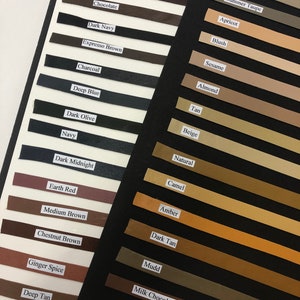 May include: A color chart of leather swatches with names like Black, Nutmeg Brown, Chocolate, Dark Navy, Expresso Brown, Charcoal, Deep Blue, Dark Olive, Navy, Dark Midnight, Earth Red, Medium Brown, Chestnut Brown, Ginger Spice, Deep Tan, Taupe, Summer Taupe, Apricot, Blush, Sesame, Almond, Tan, Beige, Natural, Camel, Amber, Dark Tan, Mudd, Milk Chocolate.