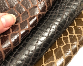 Embossed Crocodile Print Genuine Leather Sheets, Black Brown Olive, Set of 3