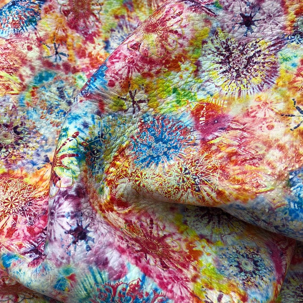 CALEIDOSCOPIO DE CUERO. Piel de vacuno estampada. Colores brillantes: rosa, azul, amarillo, verde, naranja, rojo y lavanda. ¡Impresionante! Elige tu talla.
