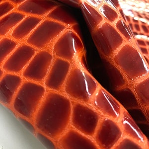 CROCO 10&quot;x10&quot; Leather ORANGE  PATENT embossed lambskin, Shiny Croco Look Leather Hide, thickness 1.5 oz, lambskin leather hide