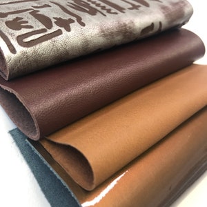 LEATHER 12&quot;x12&quot; Set of 4/Dark Tan Red Brown Lambskin Leather/Patent Metallic Brown Cowhide and Hieroglyphics Leather Silver/0.7-1.2mm