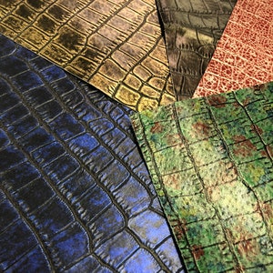 NEW LEATHER CROCODILE Printed Metallic Blue, Bronze Metallic, Pewter Metallic, Shiny Red Crackle White, Green Printed Red, Blue and Yellow