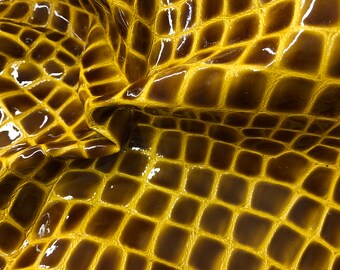 Yellow Mustard Croco Embossed Lambskin Leather Hide, Patent Leather