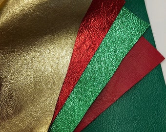 CHRISMAS LEATHER/GENUINE leather craft set of 5/Red, Green Thin Nappa/Metallic Green, Red/ Bright metallic Gold Leather skin/ Hide 0.6mm