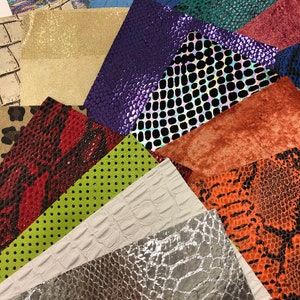 LEATHER Scraps/ Leatheer MYSTERY Sample/ Starter Pack/Assorted Colors patterns and thickness/ Unique/No Two are alike Size 4”x5.5”