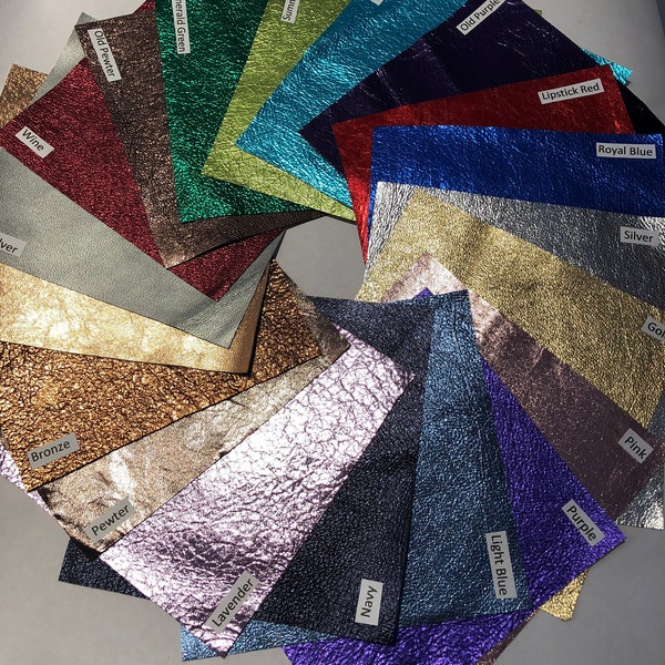 METALLIC GENUINE LEATHER, You Choose Color and Size, available in 19 colors, Brights, Pastels and Classic Gold, Silver, Bronze, 0.6-0.7mm