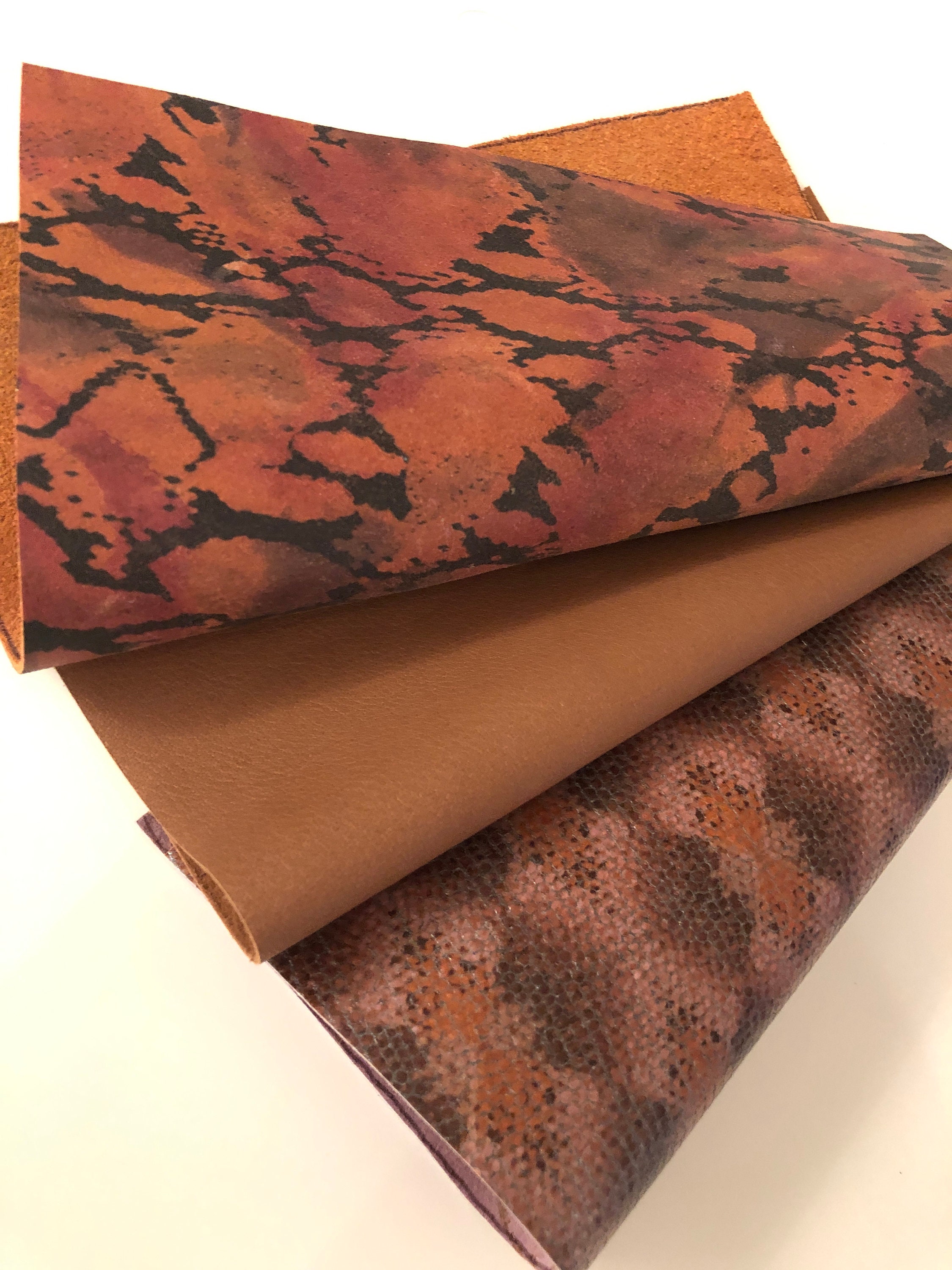 LEATHER 8”x8, Set of 3/rust Brown Black Python Print/cogniac LEATHER 8”x8, Set of 3/rust Brown Black Python Print/cogniac