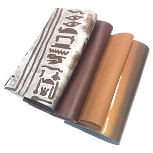LEATHER 8”x8”/Set of 4/Dark Tan Red Brown Lambskin Leather/Patent Metallic Brown Cowhide and Hieroglyphics Leather Silver/0.7-1.2mm