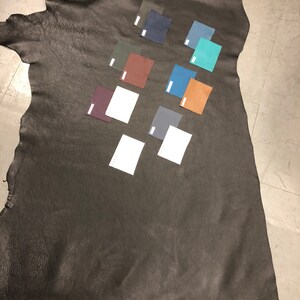May include: A black leather hide with various color swatches laid out on top. The swatches are in shades of blue, green, brown, and gray.