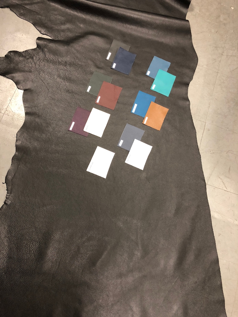 May include: A black leather hide with various color swatches laid out on top. The swatches are in shades of blue, green, brown, and gray.