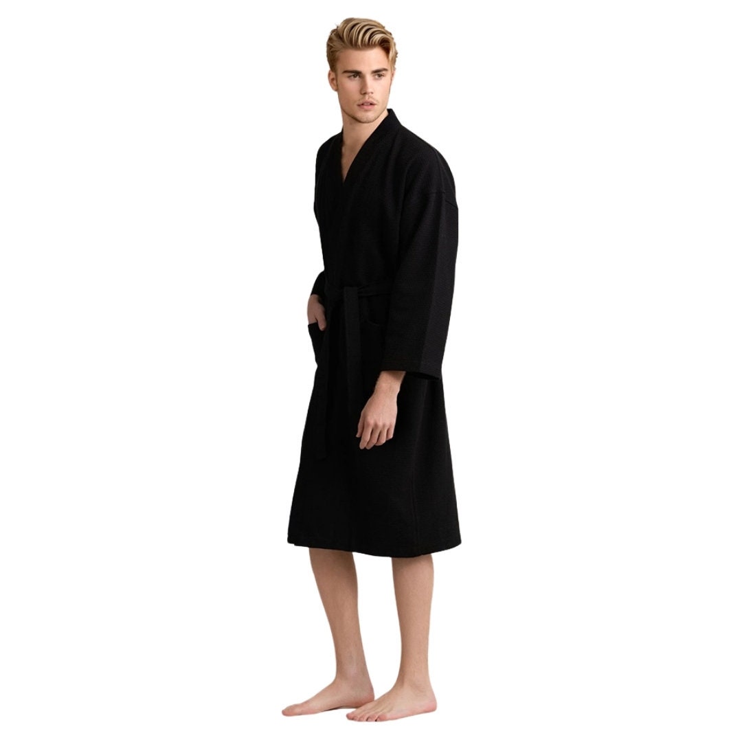 Men's Waffle Weave Stone Cotton Bathrobe Etsy