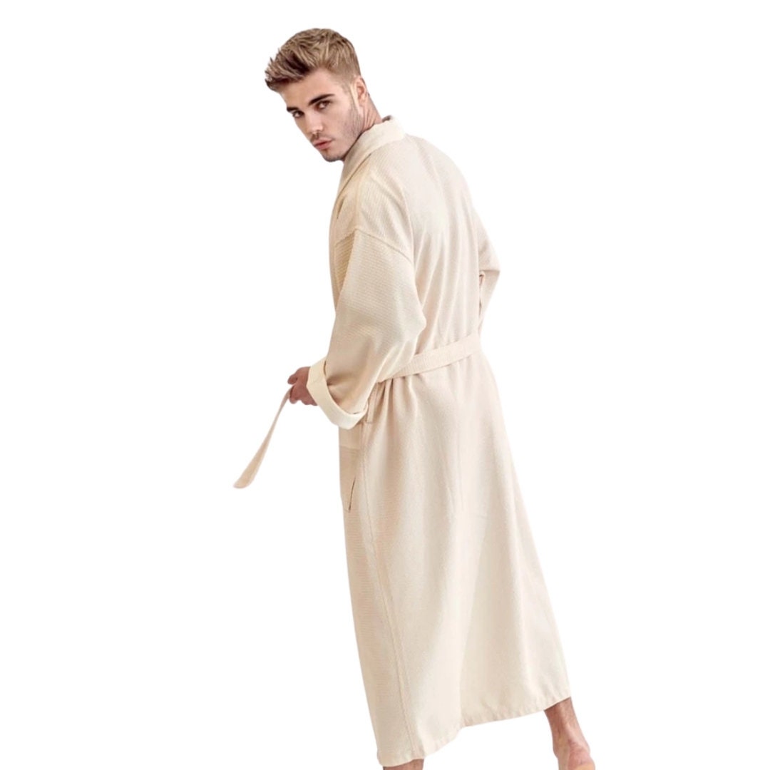 Men's Waffle Weave Stone Cotton Bathrobe Etsy