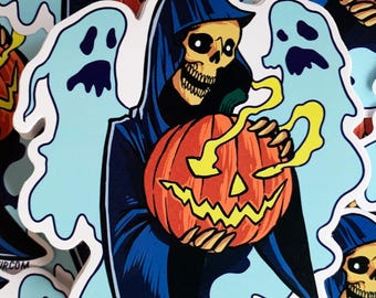 Halloween Reaper Sticker, Jack O’ Lantern Ghosts Vintage Horror Vinyl Decal